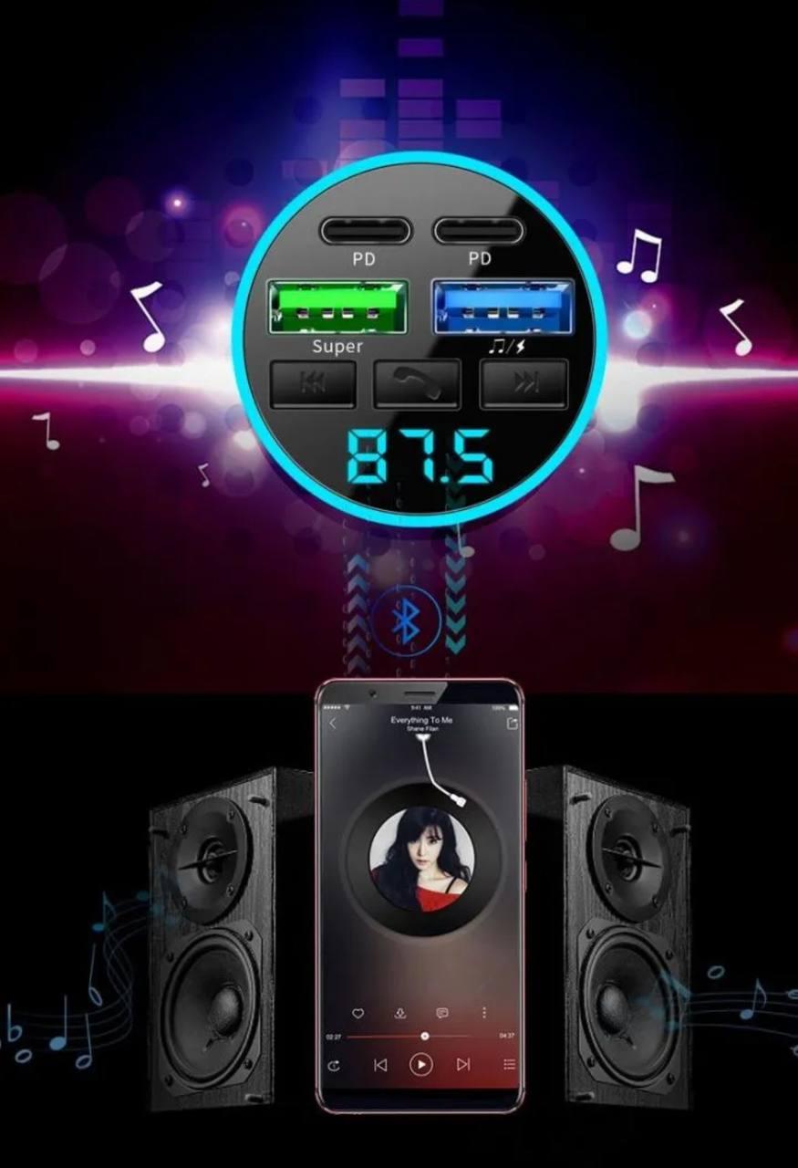 Автомобільний FM-модулятор Bluetooth + MP3 з 4 портами для зарядки (2×USB, 2×Type-C) - Зображення 3