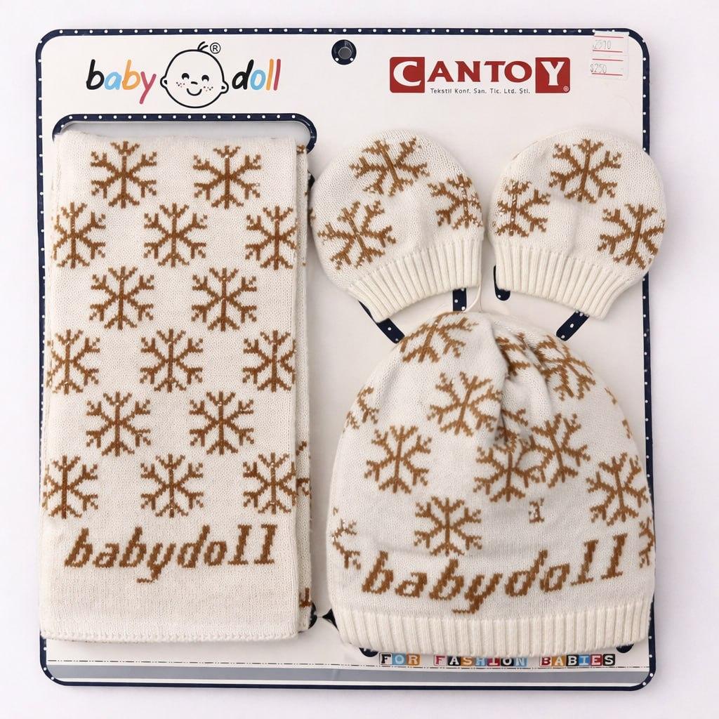 Дитячий комплект Cantoy Babydoll (шапка + шарфик), бежевий зі сніжинками. 0–12 місяців (обхват голови 40–46 см)
