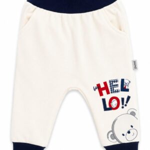 Дитячі штанці Puran «Hello Bear» білі з темно-синім, розмір 56 (0-3 міс), турецький трикотаж
