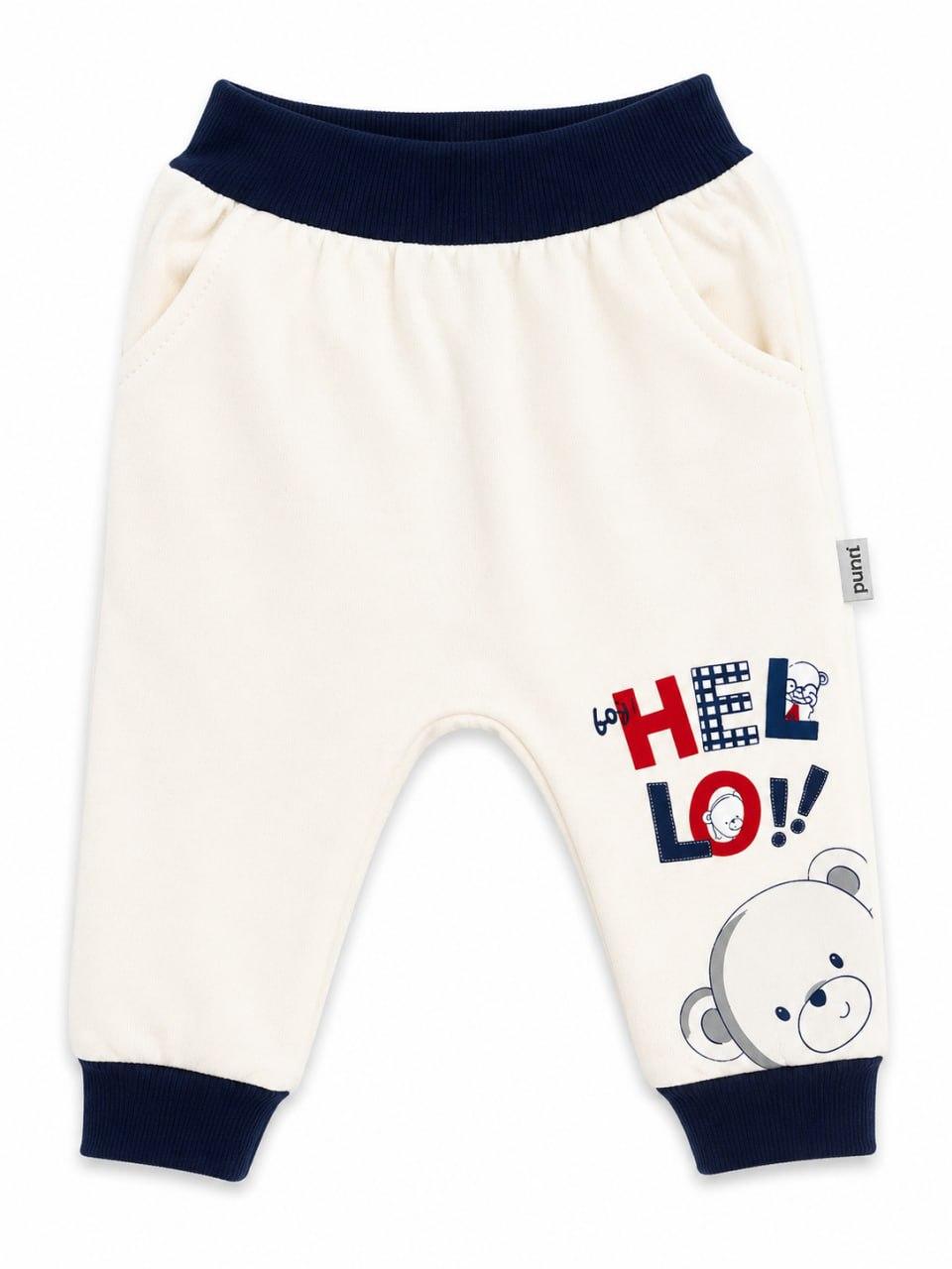 Дитячі штанці Puran «Hello Bear» білі з темно-синім, розмір 56 (0-3 міс), турецький трикотаж