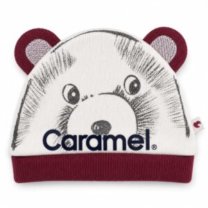 Дитяча трикотажна шапка Caramell з вушками та принтом Ведмедик біло-червона розмір 50-56 (0-3 місяці)